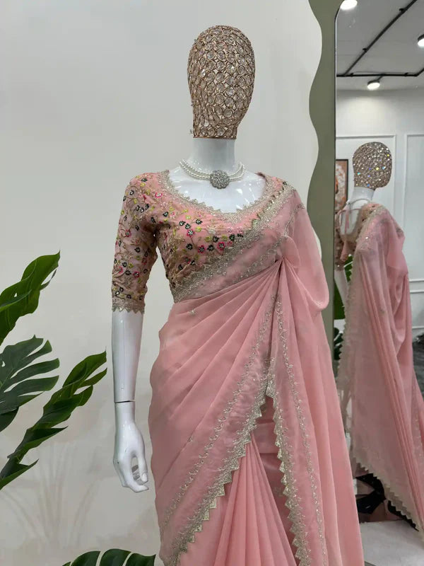 Rose Pink Organza Silk Saree with a Shimmery Finish With Fully Stitched Blouse