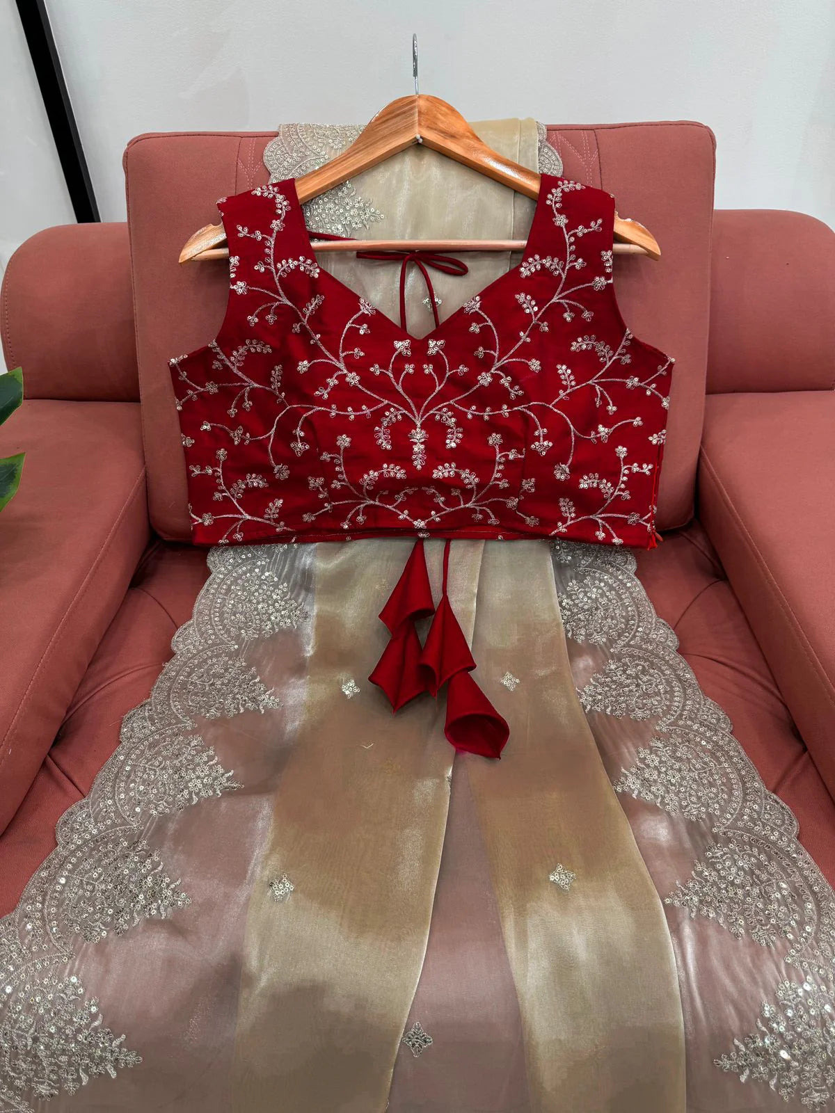 Dark Ivory Shimmery Tissue Silk Saree With Fully Stitched Blouse