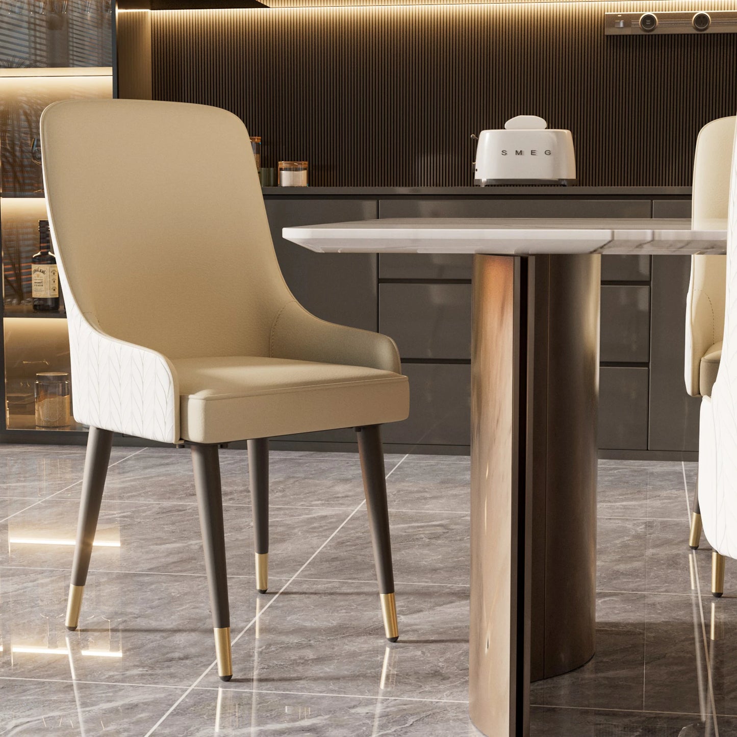 Modern PU Leather Set of 2 Dining Chairs with Metal Legs High Tufted Back