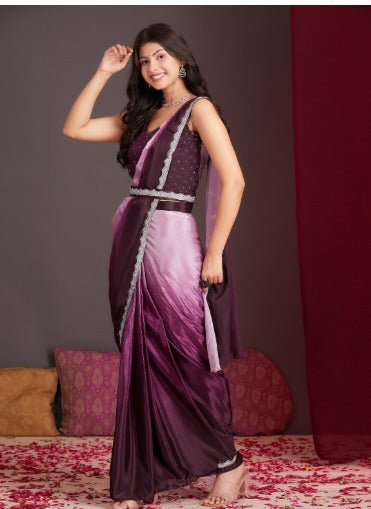Embellished Stone Work Readymade Saree With Belt And Blouse