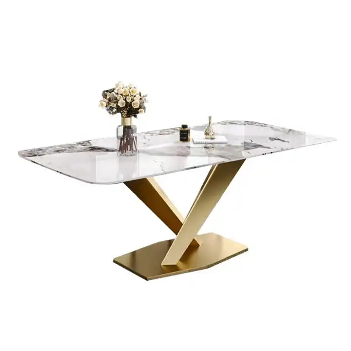 Modern Rectangular Dining Table with White Sintered Stone Top and X-Base.