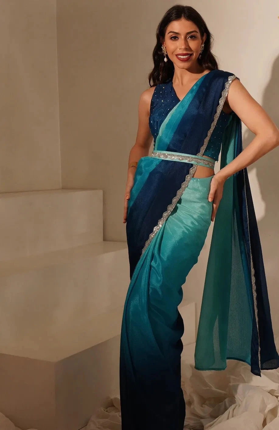 Embellished Stone Work Readymade Saree With Belt And Blouse