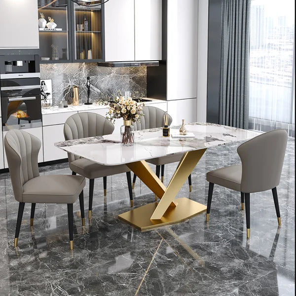 Modern Rectangular Dining Table with White Sintered Stone Top and X-Base.