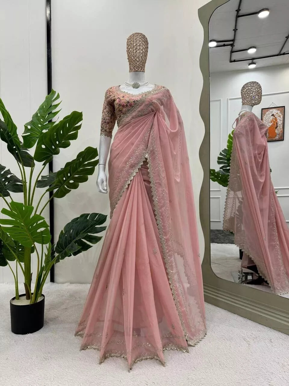 Rose Pink Organza Silk Saree with a Shimmery Finish With Fully Stitched Blouse