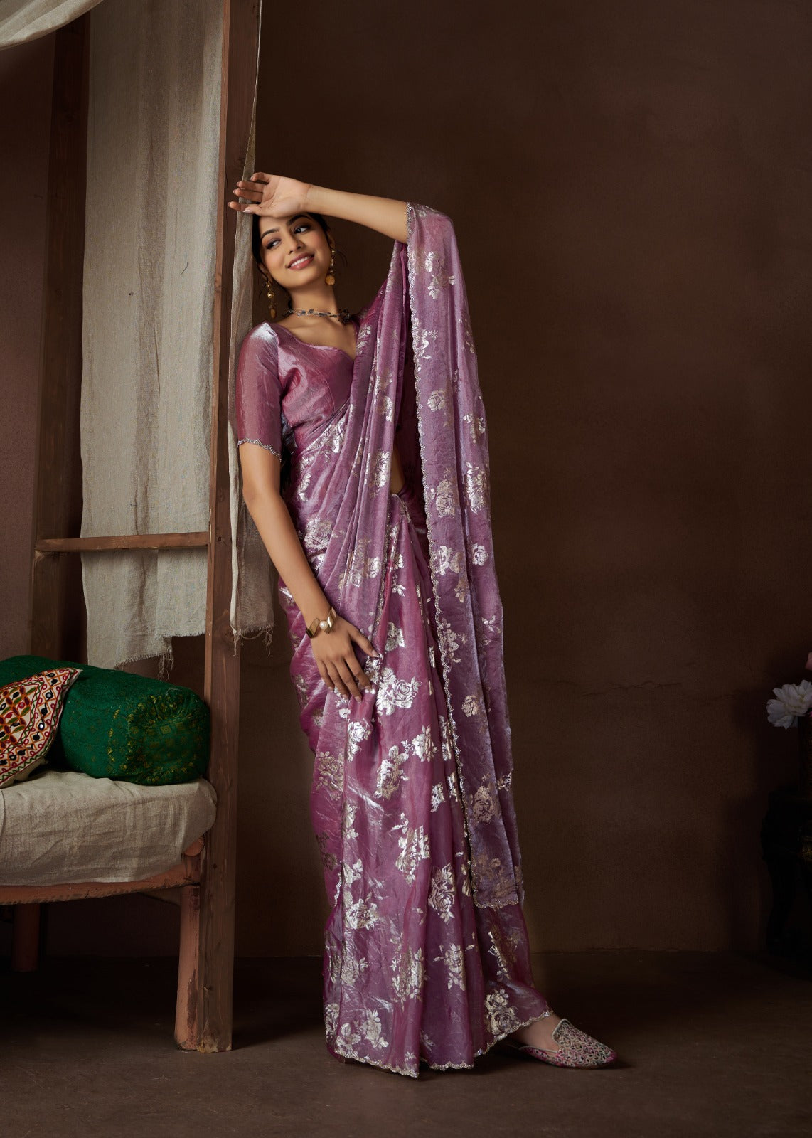 Luxurious Silk Foil Saree Intricate handwork Jarqan Design With Stitched Blouse