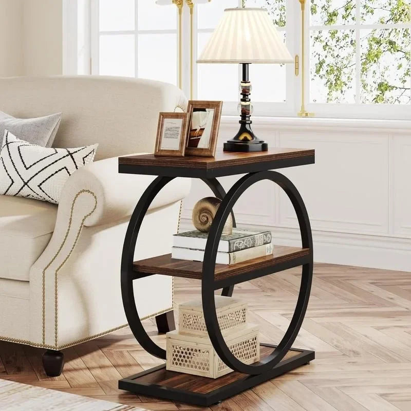 Storage Shelves, Industrial Wood Side Table with Black Frames