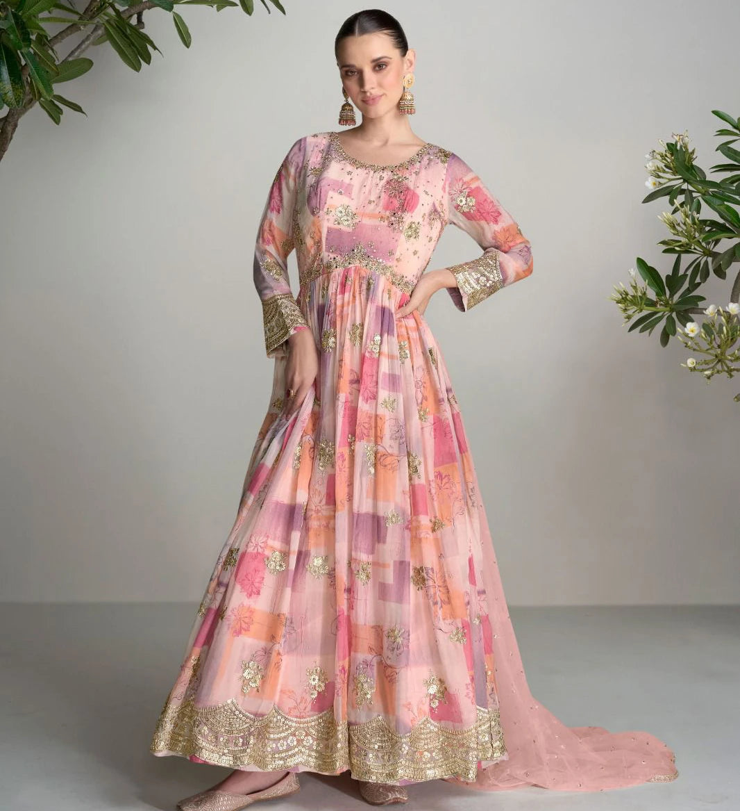 Designer Real Chinon Long Gown with Dupatta